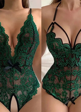 Classic Sexy Floral Lace Scallop Trim Crotchless Teddy Bodysuit Lingerie