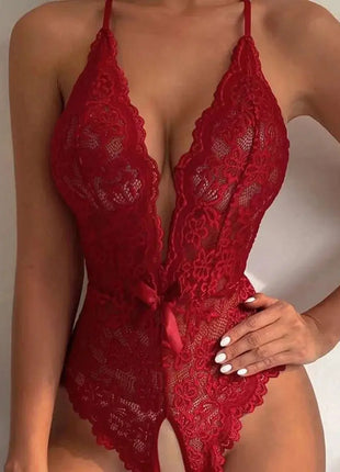 Classic Sexy Floral Lace Scallop Trim Crotchless Teddy Bodysuit Lingerie