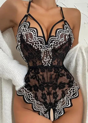 Classic Sexy Floral Lace Scallop Trim Crotchless Teddy Bodysuit Lingerie