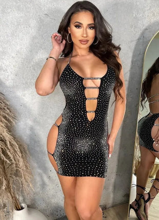 Fashionable Hollow Out Rhinestone Dress Women Sexy Spaghetti