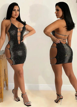 Fashionable Hollow Out Rhinestone Dress Women Sexy Spaghetti