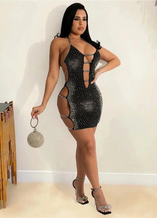 Fashionable Hollow Out Rhinestone Dress Women Sexy Spaghetti