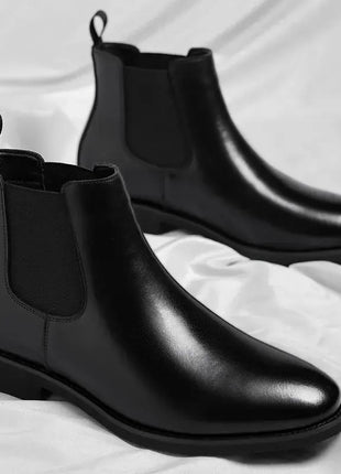Men Chelsea Boots Round Burnished Toe Elastic Band Leather Slip On Anti-slip Waterproof Non Casual Slip On