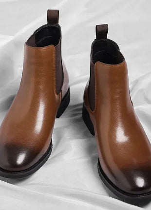 Men Chelsea Boots Round Burnished Toe Elastic Band Leather Slip On Anti-slip Waterproof Non Casual Slip On