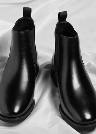 Men Chelsea Boots Round Burnished Toe Elastic Band Leather Slip On Anti-slip Waterproof Non Casual Slip On