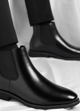 Men Chelsea Boots Round Burnished Toe Elastic Band Leather Slip On Anti-slip Waterproof Non Casual Slip On