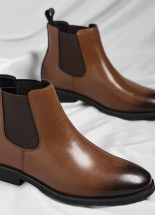 Men Chelsea Boots Round Burnished Toe Elastic Band Leather Slip On Anti-slip Waterproof Non Casual Slip On