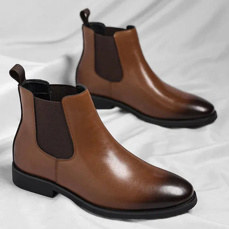 Men Chelsea Boots Round Burnished Toe Elastic Band Leather Slip On Anti-slip Waterproof Non Casual Slip On