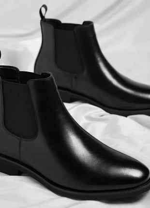 Men Chelsea Boots Round Burnished Toe Elastic Band Leather Slip On Anti-slip Waterproof Non Casual Slip On