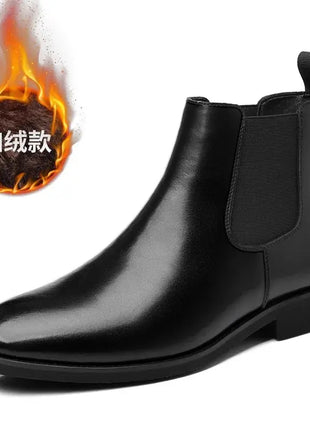 Men Chelsea Boots Round Burnished Toe Elastic Band Leather Slip On Anti-slip Waterproof Non Casual Slip On