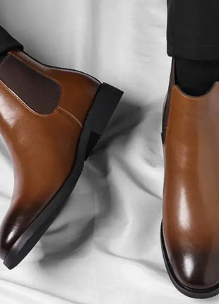 Men Chelsea Boots Round Burnished Toe Elastic Band Leather Slip On Anti-slip Waterproof Non Casual Slip On
