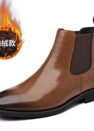 Men Chelsea Boots Round Burnished Toe Elastic Band Leather Slip On Anti-slip Waterproof Non Casual Slip On