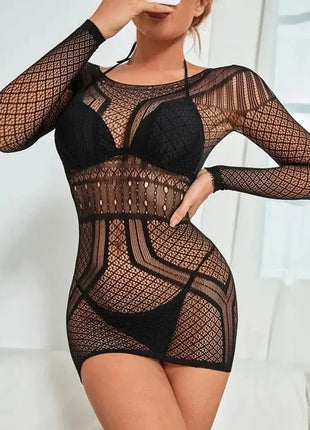 Miss Daisy-Fishnet Lingerie Bodysuit Mesh Lingerie Women Strapless Striped Mini Dress Hollow Out Strapless Hollow Sleepwear