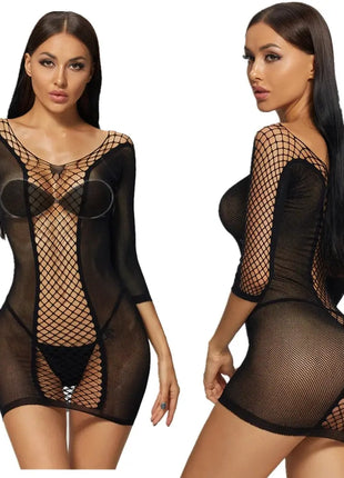 Miss Daisy-Fishnet Lingerie Bodysuit Mesh Lingerie Women Strapless Striped Mini Dress Hollow Out Strapless Hollow Sleepwear