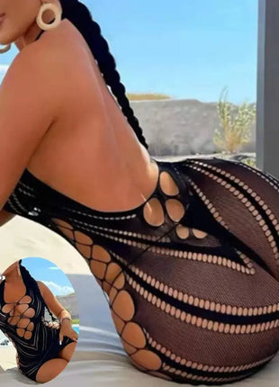 Miss Daisy-Fishnet Lingerie Bodysuit Mesh Lingerie Women Strapless Striped Mini Dress Hollow Out Strapless Hollow Sleepwear