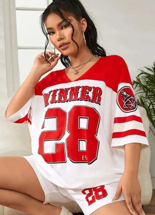 Oversized Loose Fit Drop Shoulder Printed Sports Jersey T-Shirt for Women/Girls Red