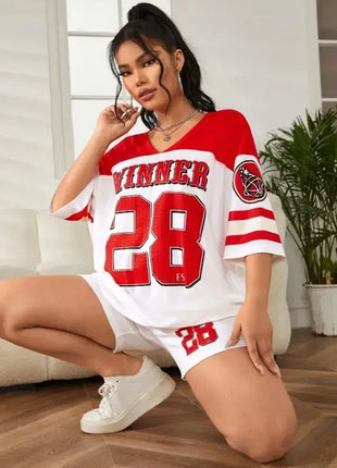 Oversized Loose Fit Drop Shoulder Printed Sports Jersey T-Shirt for Women/Girls Red