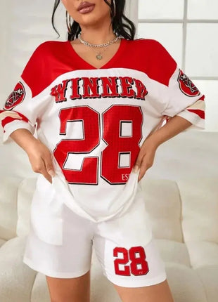 Oversized Loose Fit Drop Shoulder Printed Sports Jersey T-Shirt for Women/Girls Red