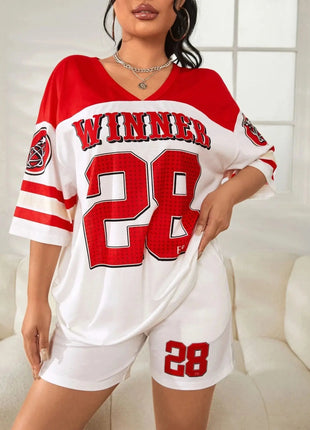 Oversized Loose Fit Drop Shoulder Printed Sports Jersey T-Shirt for Women/Girls Red