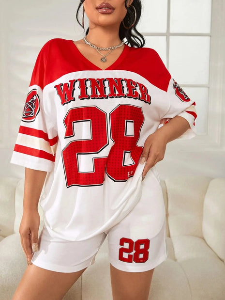 Oversized Loose Fit Drop Shoulder Printed Sports Jersey T-Shirt for Women/Girls Red