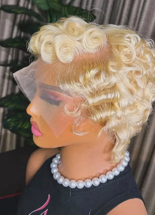 Short Pixie Cut Disposable Curly Bob Wig 613 Blonde 10A Remy Virgin Human Hair Lace Front Wig 13X4 Medium Cap Size 150% Density Modern Female Adult Space Wig