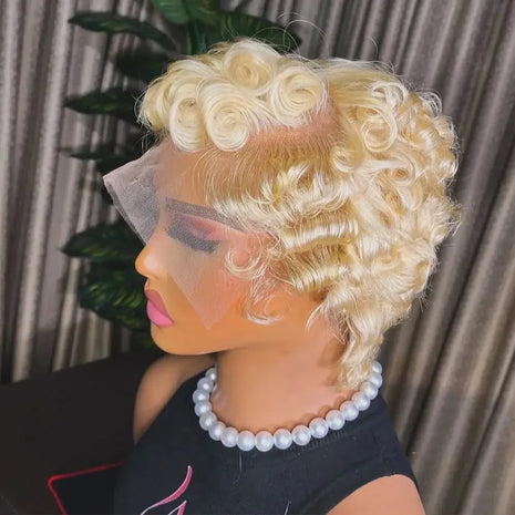 Short Pixie Cut Disposable Curly Bob Wig 613 Blonde 10A Remy Virgin Human Hair Lace Front Wig 13X4 Medium Cap Size 150% Density Modern Female Adult Space Wig