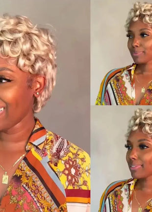 Short Pixie Cut Disposable Curly Bob Wig 613 Blonde 10A Remy Virgin Human Hair Lace Front Wig 13X4 Medium Cap Size 150% Density Modern Female Adult Space Wig