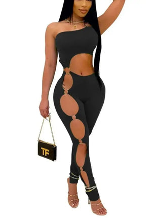 Spring Summer Sexy Off Shoulder Jumpsuit Fashion One-shoulder Tight Rompers Long Pants Hollow Nightclub Playsuits