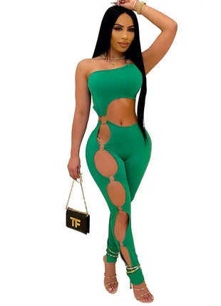 Spring Summer Sexy Off Shoulder Jumpsuit Fashion One-shoulder Tight Rompers Long Pants Hollow Nightclub Playsuits