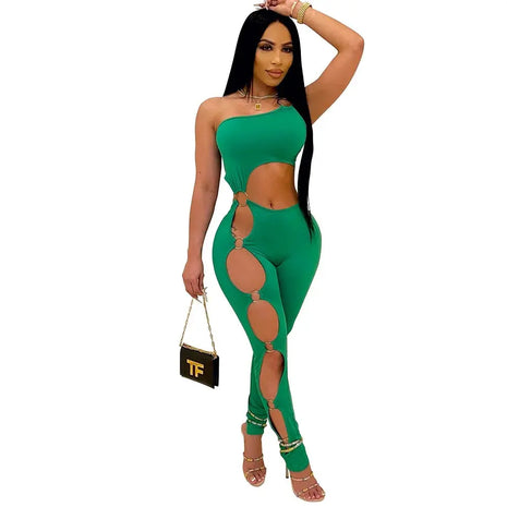 Spring Summer Sexy Off Shoulder Jumpsuit Fashion One-shoulder Tight Rompers Long Pants Hollow Nightclub Playsuits