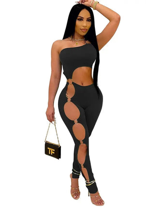 Spring Summer Sexy Off Shoulder Jumpsuit Fashion One-shoulder Tight Rompers Long Pants Hollow Nightclub Playsuits