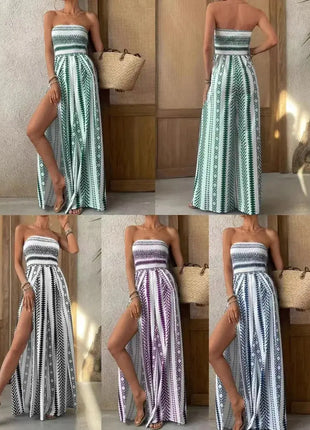 Strapless Wide Leg Boho Jumpsuits for Women One Piece Split Thigh Pants Rompers