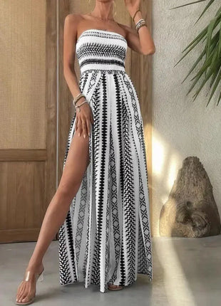 Strapless Wide Leg Boho Jumpsuits for Women One Piece Split Thigh Pants Rompers