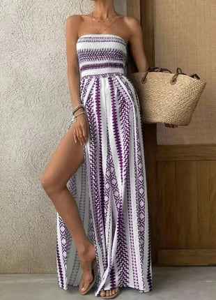 Strapless Wide Leg Boho Jumpsuits for Women One Piece Split Thigh Pants Rompers