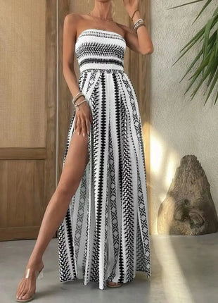 Strapless Wide Leg Boho Jumpsuits for Women One Piece Split Thigh Pants Rompers