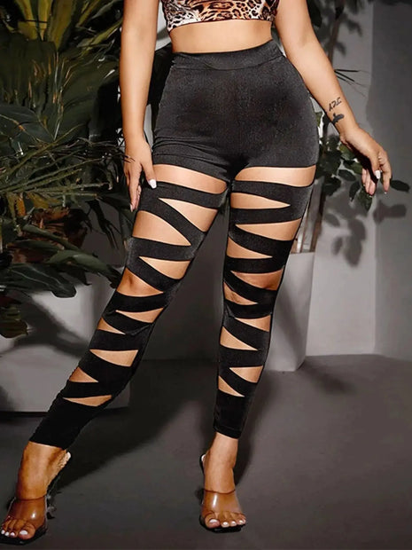 Women Bandage Cut Out Leggings Pencil Pants High Waist Skinny