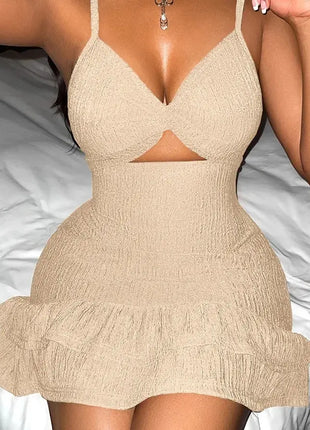 Women Cut Out High Waist Sleevelesss Strap Ruffles Smock Dres