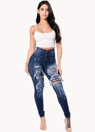 Women High Waist Skinny Ripped Jeans Stretch Destroyed Casual Denim Pants Fashion Classic Hole Slim Fit Pencil Trousers