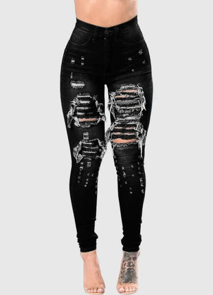 Women High Waist Skinny Ripped Jeans Stretch Destroyed Casual Denim Pants Fashion Classic Hole Slim Fit Pencil Trousers