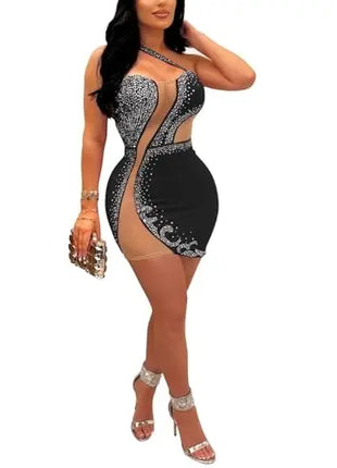 Women Sexy Sparkling Rhinestone Sheer Mesh Dress Fashion Single Shoulder Strap Sleeveless Bodycon Mini Nightclub Dress