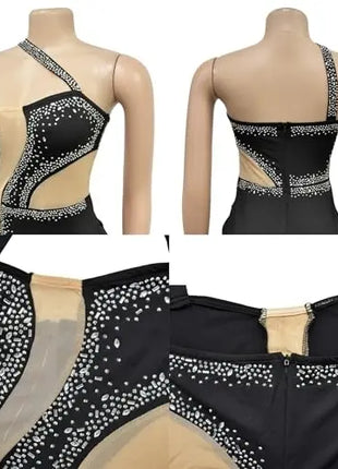 Women Sexy Sparkling Rhinestone Sheer Mesh Dress Fashion Single Shoulder Strap Sleeveless Bodycon Mini Nightclub Dress
