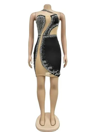 Women Sexy Sparkling Rhinestone Sheer Mesh Dress Fashion Single Shoulder Strap Sleeveless Bodycon Mini Nightclub Dress