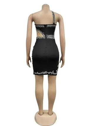 Women Sexy Sparkling Rhinestone Sheer Mesh Dress Fashion Single Shoulder Strap Sleeveless Bodycon Mini Nightclub Dress