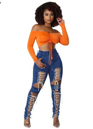 Women's Lace Up Skinny Jeans Stretch