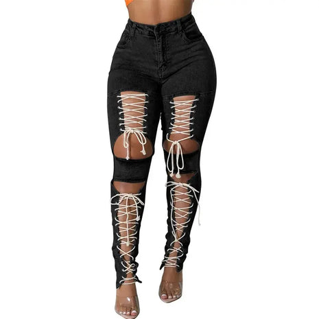 Women's Lace Up Skinny Jeans Stretch