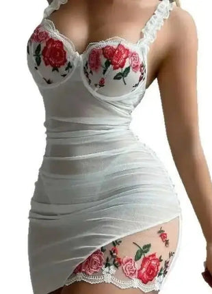 Women's Lingerie Set Floral Embroidery Mesh Sheer Underwire Ruched Nightgowns with Thong