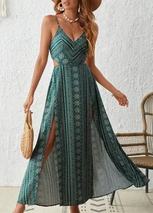 Women's Ruching Smocking Jumpsuit Summer Slip V Neck Backless Maxi High Low