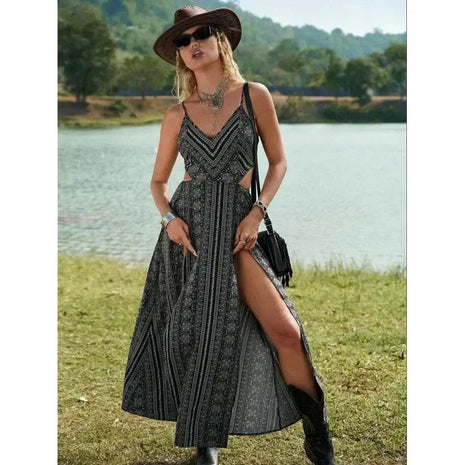Women's Ruching Smocking Jumpsuit Summer Slip V Neck Backless Maxi High Low