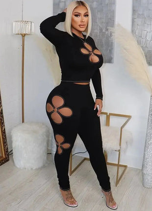Women's Sexy 2-piece Long Sleeve Suit Jumpsuit Hollowed Out Design High Waist Leggings Suit