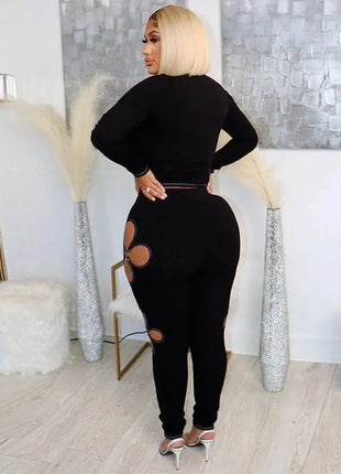 Women's Sexy 2-piece Long Sleeve Suit Jumpsuit Hollowed Out Design High Waist Leggings Suit